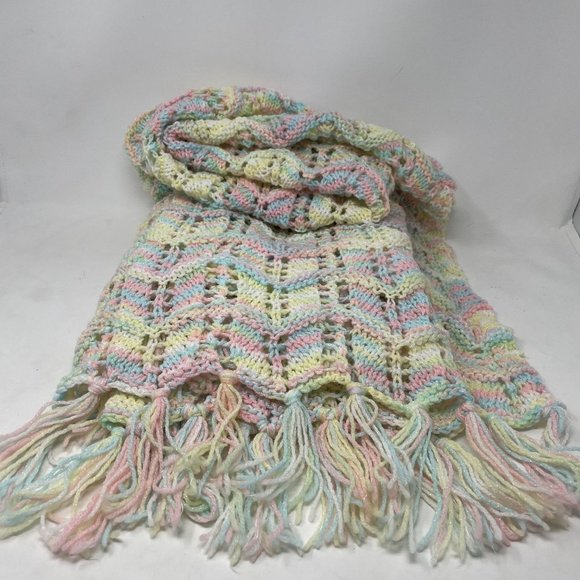 Multi-colored Baby Blanket Crochet Textured Pattern with Fringe on edge, Handmad